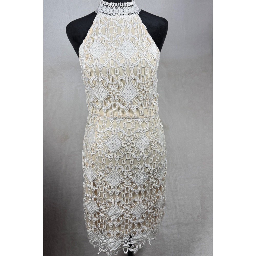 Impressions White Crochet Lace Halter Neck Sheath Dress Nude Lining Women Medium
